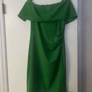MARINA Green Off-Shoulder Sheath Midi Dress